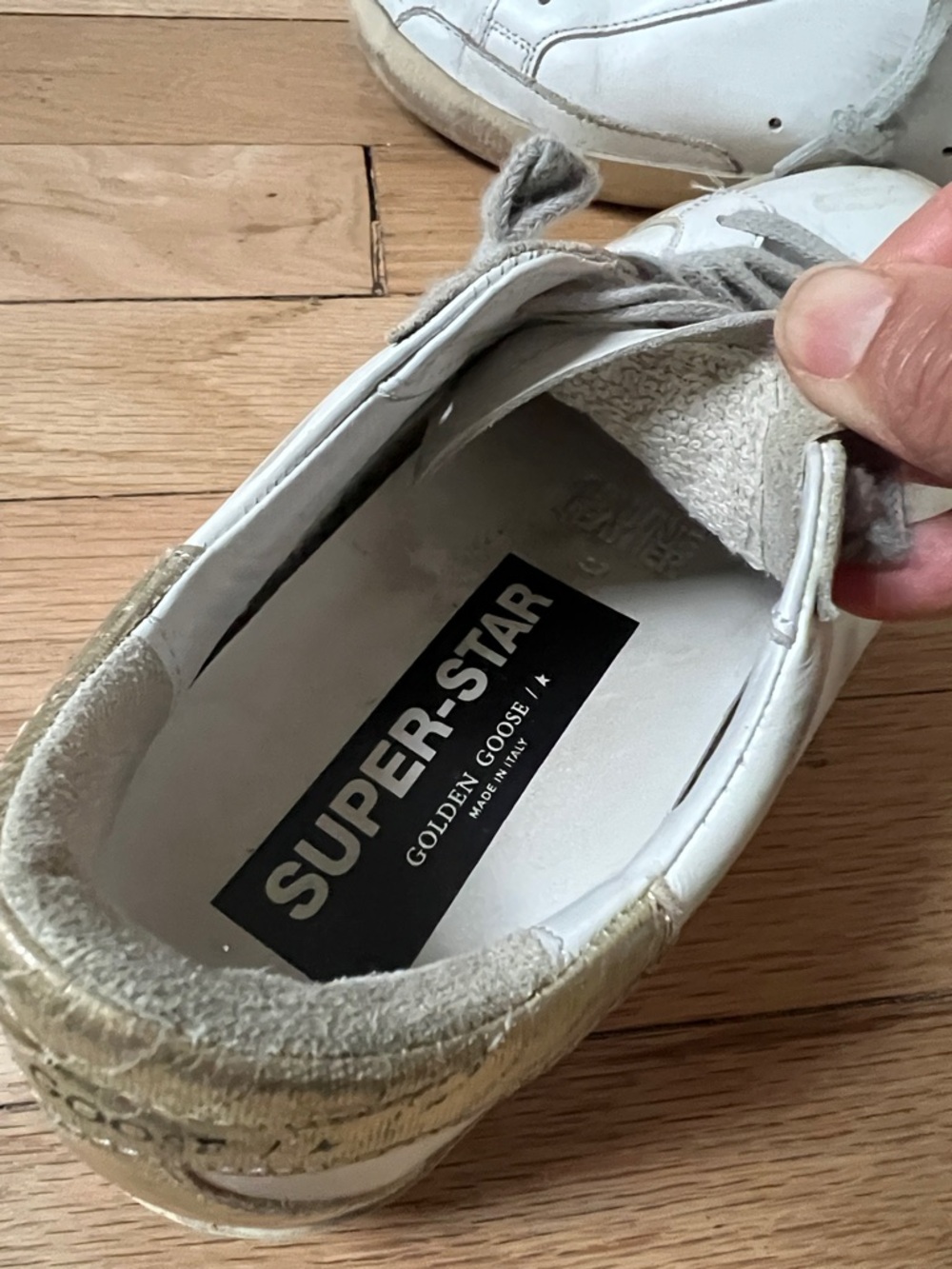 Golden Goose White Leather Sneakers with Silver Glitter Star and Gold Heel - Picture 3 of 5